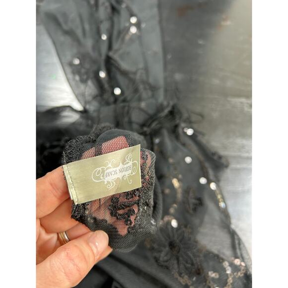 Whimsygoth- Black Semi Sheer Shawl- Tassel- sequin floral design- preowned - Picture 2 of 8